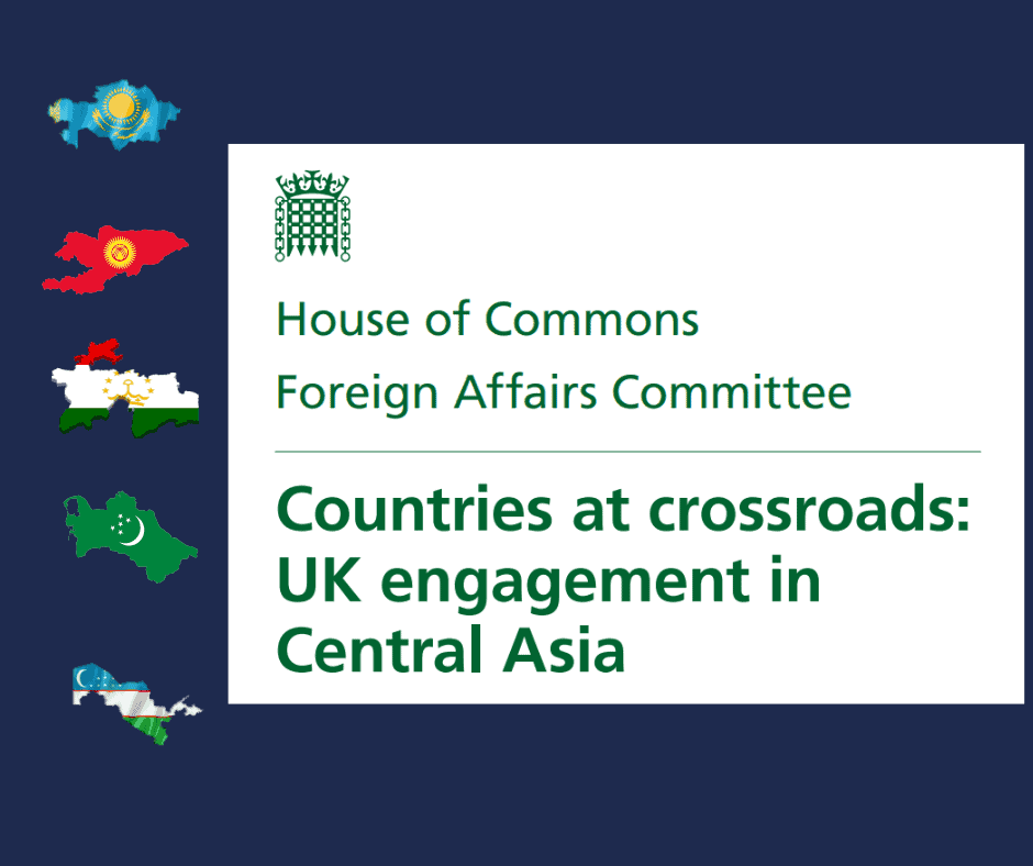 Foreign Affairs Committee Report on cooperation with Central Asia countries Five images showing 5 flags of Central Asian countries in the shape of the countries they represent and a cover from the Foreign Affairs Committee report