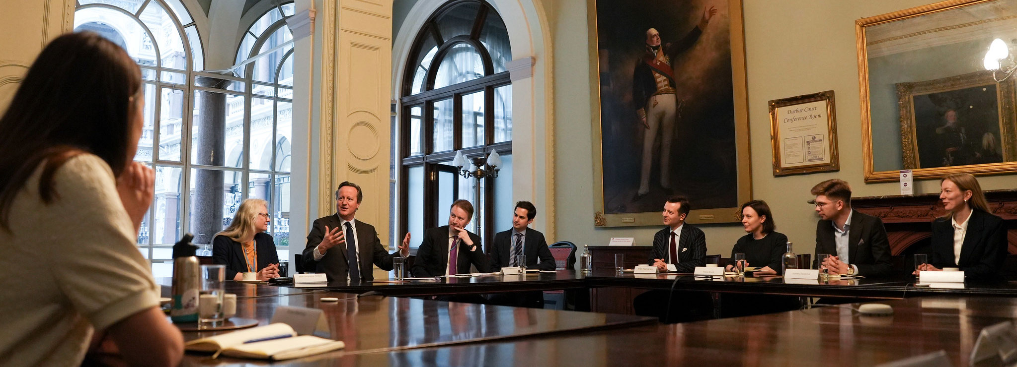 David Cameron speaking at a round table in the grand FCDO rooms
